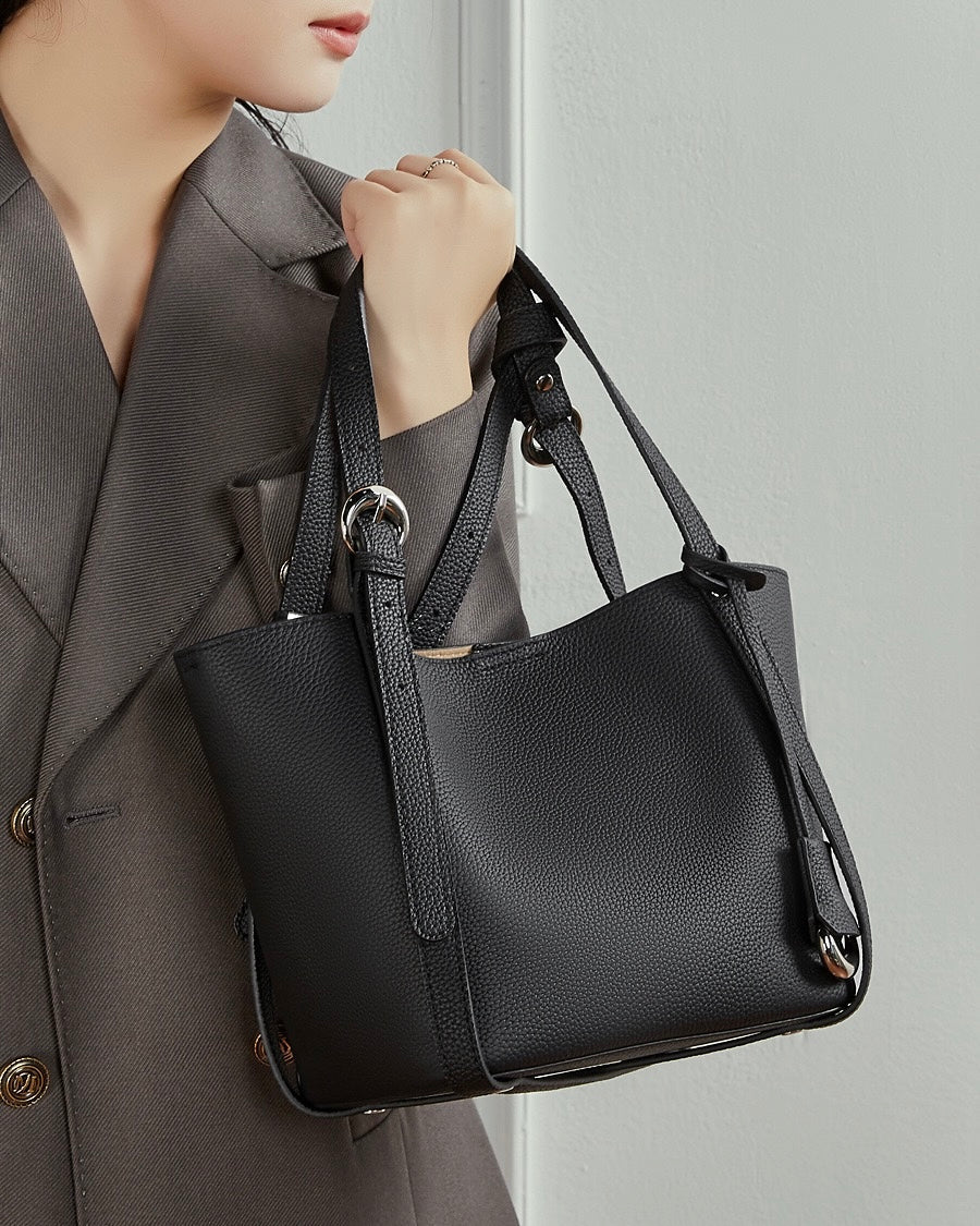 Women's Sleek Genuine Togo Leather Bucket Bag with Pouch