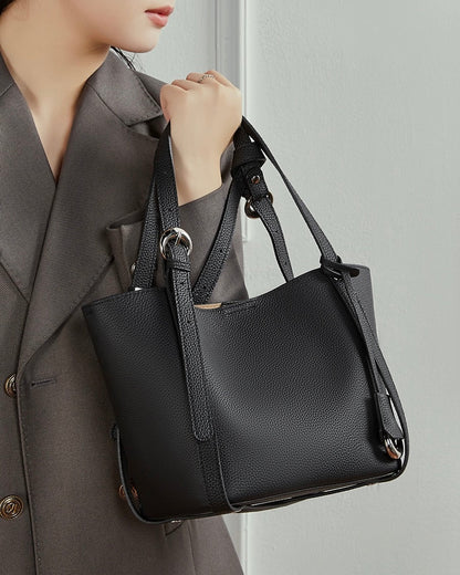 Women's Sleek Genuine Togo Leather Bucket Bag with Pouch