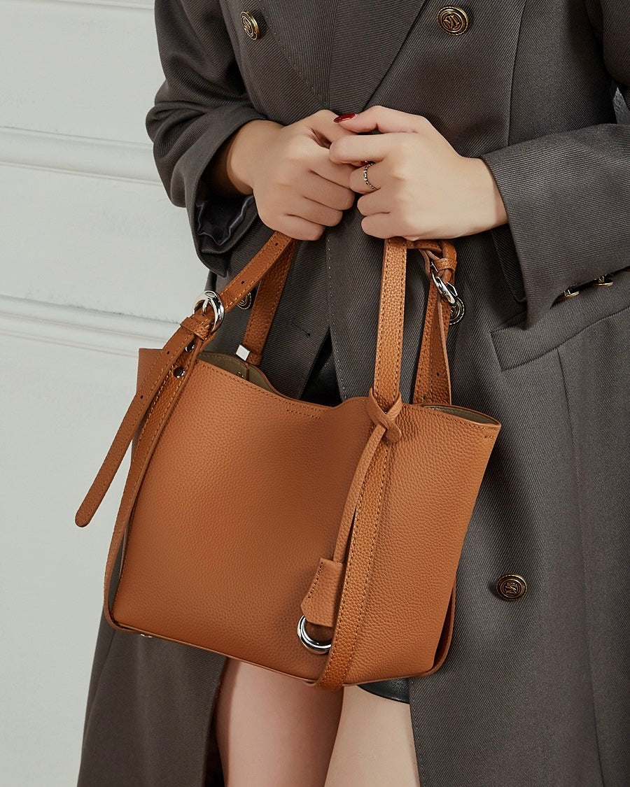 Women's Sleek Genuine Togo Leather Bucket Bag with Pouch