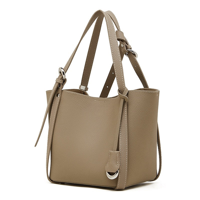 Women's Sleek Genuine Togo Leather Bucket Bag with Pouch