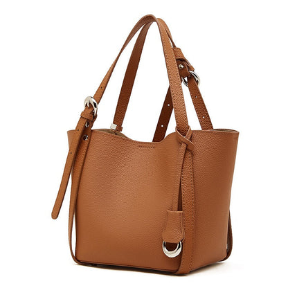Women's Sleek Genuine Togo Leather Bucket Bag with Pouch