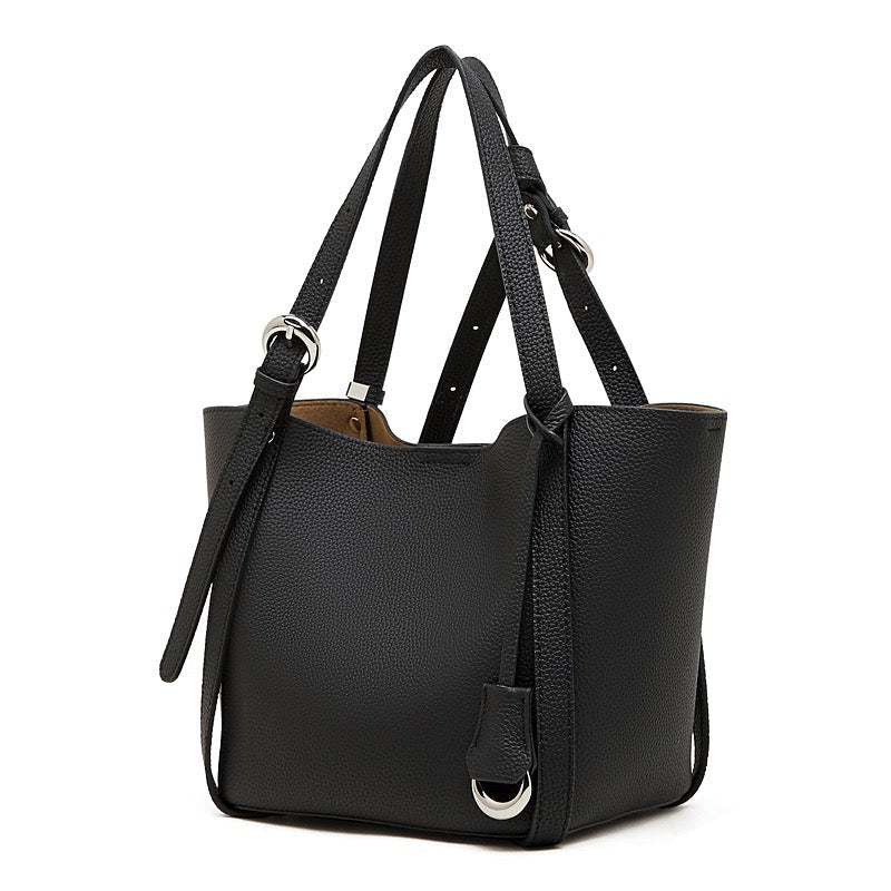 Women's Sleek Genuine Togo Leather Bucket Bag with Pouch