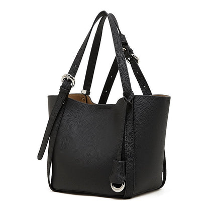 Women's Sleek Genuine Togo Leather Bucket Bag with Pouch