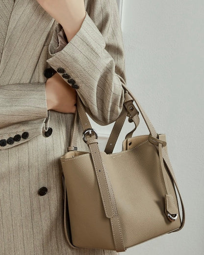 Women's Sleek Genuine Togo Leather Bucket Bag with Pouch