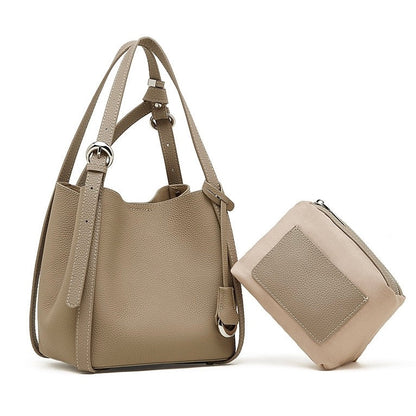 Women's Sleek Genuine Togo Leather Bucket Bag with Pouch