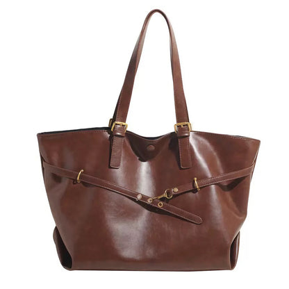 Genuine Leather Casual Tote – Large Capacity with Signature Lock Closure