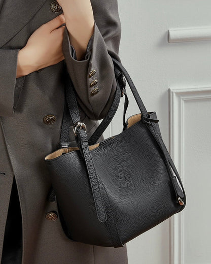 Women's Sleek Genuine Togo Leather Bucket Bag with Pouch