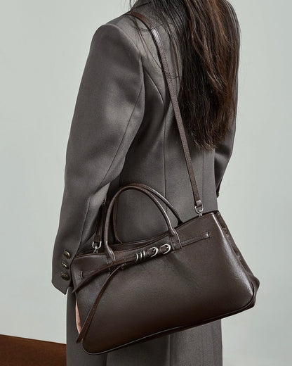 Retro Genuine Leather Crossbody Bag with Signature Ring-Buckle Strap