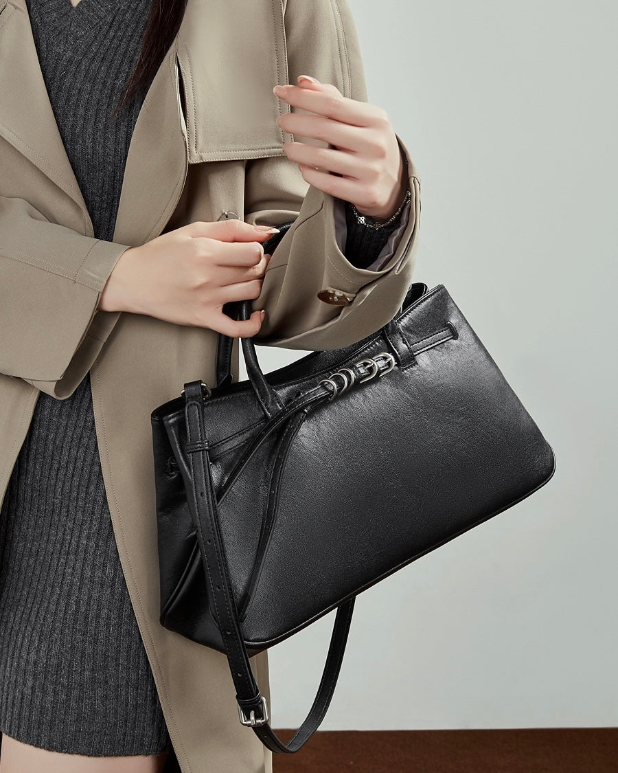 Retro Genuine Leather Crossbody Bag with Signature Ring-Buckle Strap