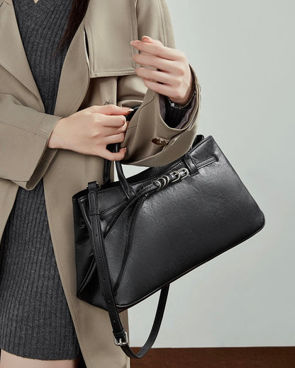 Retro Genuine Leather Crossbody Bag with Signature Ring-Buckle Strap