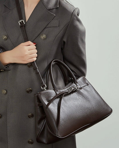 Retro Genuine Leather Crossbody Bag with Signature Ring-Buckle Strap