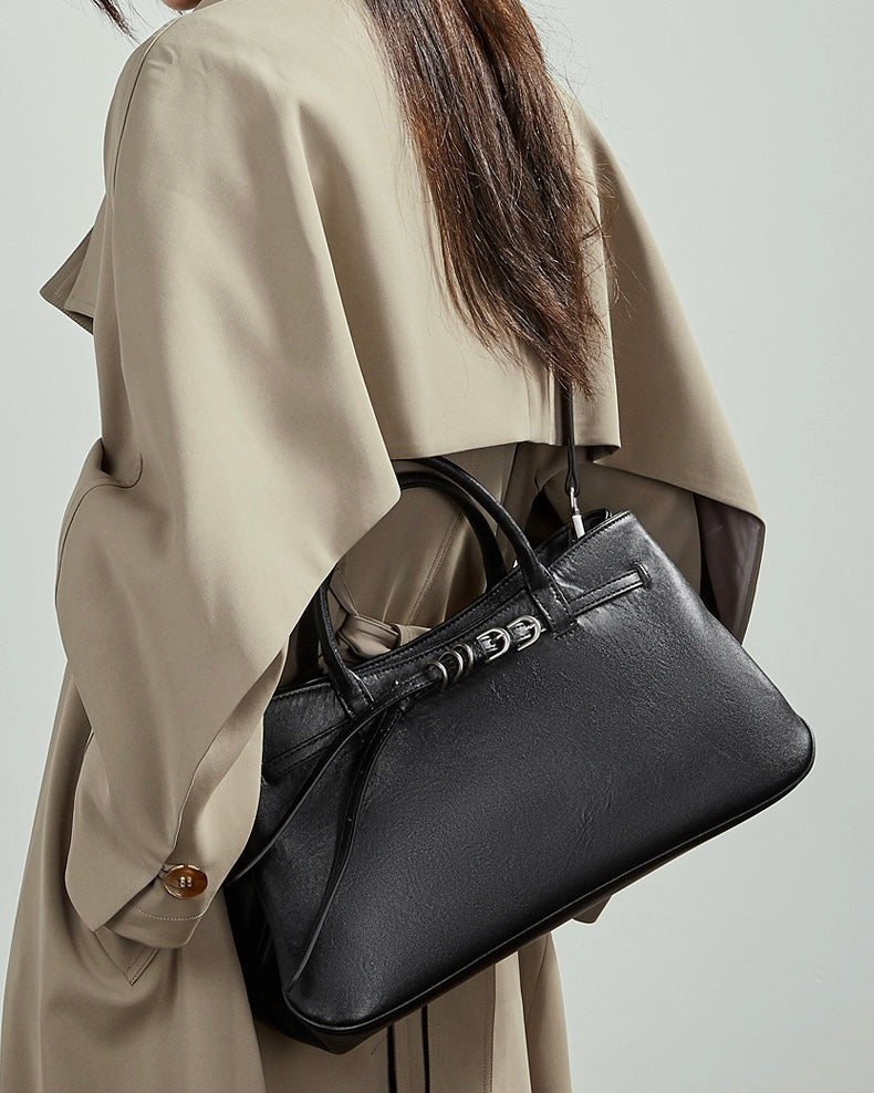 Retro Genuine Leather Crossbody Bag with Signature Ring-Buckle Strap