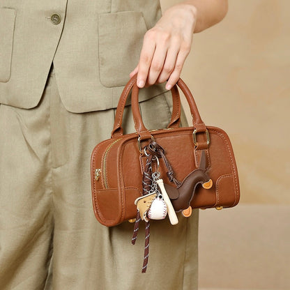 Women's Genuine Leather Boston Crossbody Bag with Dachshund Pendant