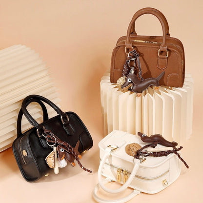 Women's Genuine Leather Boston Crossbody Bag with Dachshund Pendant