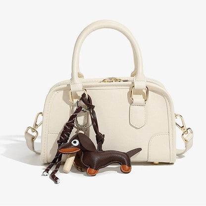 Women's Genuine Leather Boston Crossbody Bag with Dachshund Pendant