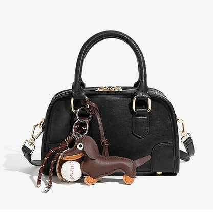 Women's Genuine Leather Boston Crossbody Bag with Dachshund Pendant