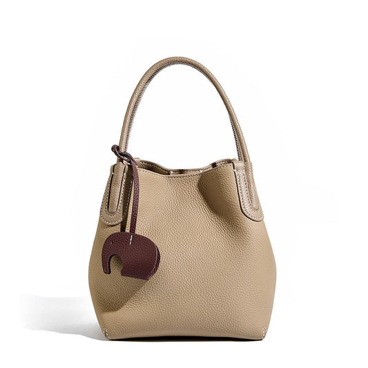Women's Genuine Leather Bucket Bag with Little Elephant Pendant