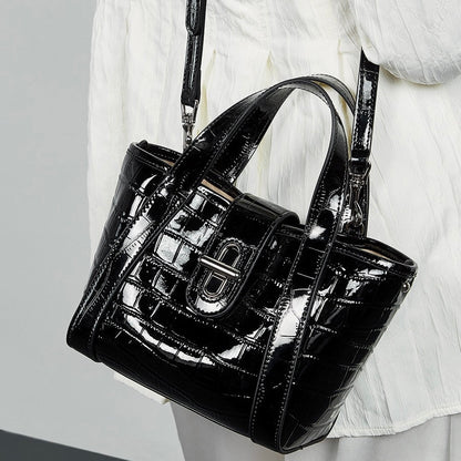 Croc-Embossed Leather Buckle Top-Handle Bucket Bag