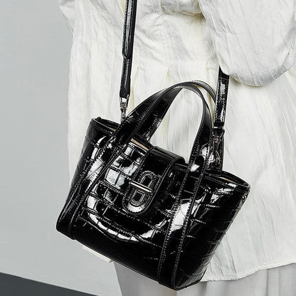 Croc-Embossed Leather Buckle Top-Handle Bucket Bag
