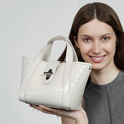 Croc-Embossed Leather Buckle Top-Handle Bucket Bag