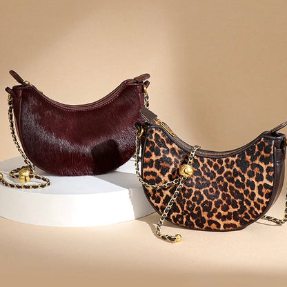 Genuine Leather Leopard Print Half Moon Shaped Ladies Crossbody Shoulder Bag