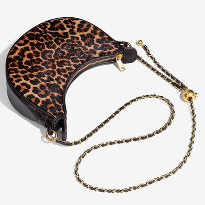 Genuine Leather Leopard Print Half Moon Shaped Ladies Crossbody Shoulder Bag