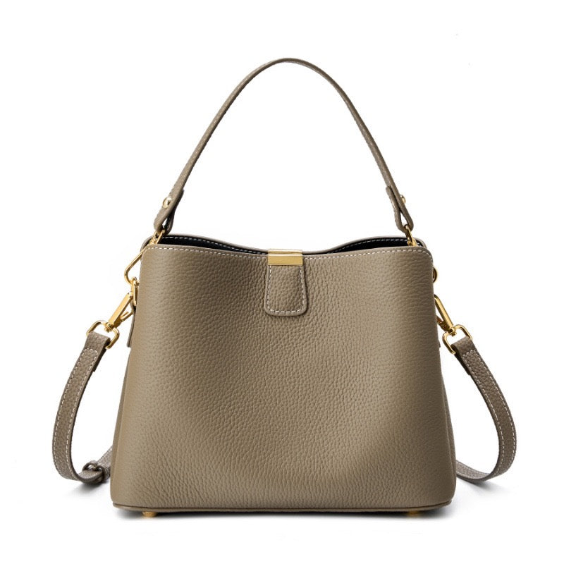 Classic Gold-Trimmed Genuine Leather Bucket Handbag