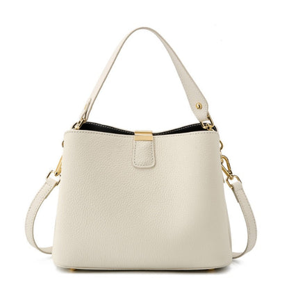 Classic Gold-Trimmed Genuine Leather Bucket Handbag