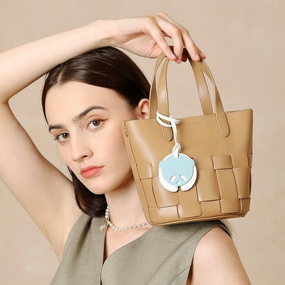 Women's Handmade Genuine Leather Woven Picnic Basket Bag With Cute Panda Charm