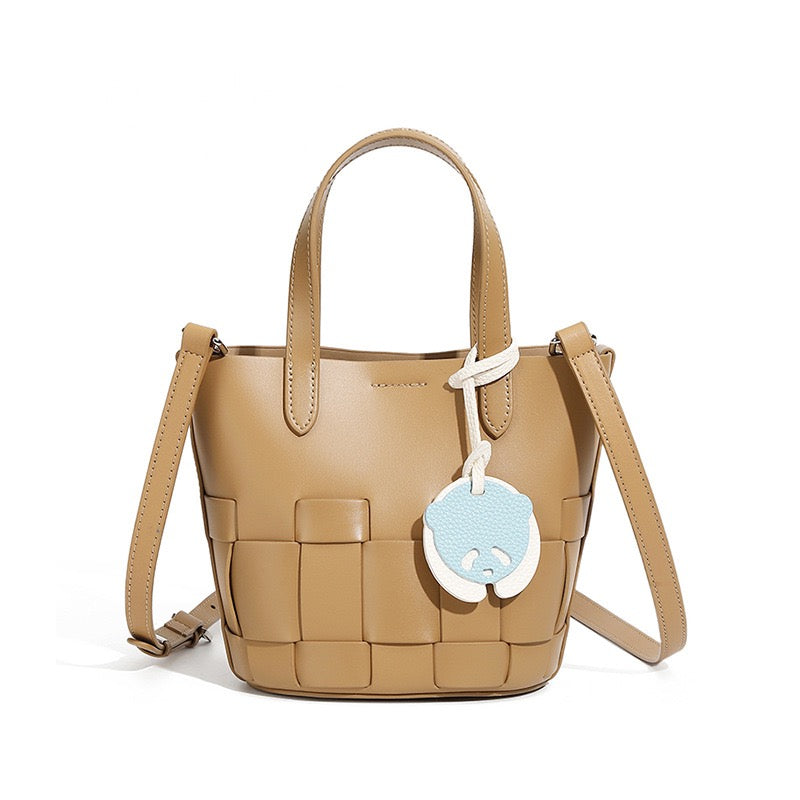 Women's Handmade Genuine Leather Woven Picnic Basket Bag With Cute Panda Charm