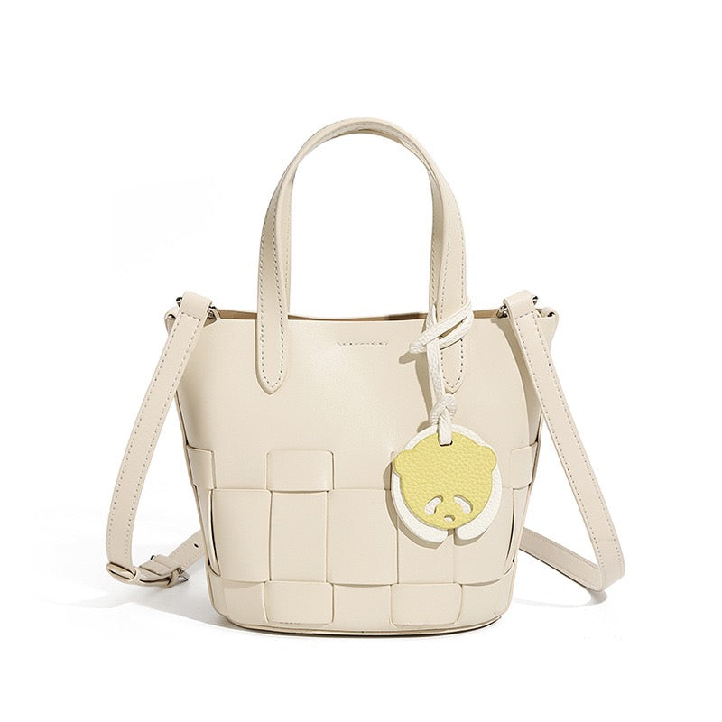 Women's Handmade Genuine Leather Woven Picnic Basket Bag With Cute Panda Charm