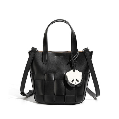 Women's Handmade Genuine Leather Woven Picnic Basket Bag With Cute Panda Charm