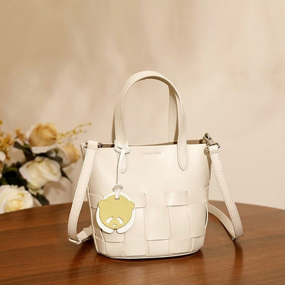Women's Handmade Genuine Leather Woven Picnic Basket Bag With Cute Panda Charm