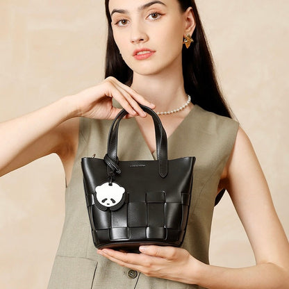 Women's Handmade Genuine Leather Woven Picnic Basket Bag With Cute Panda Charm