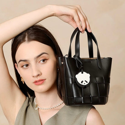 Women's Handmade Genuine Leather Woven Picnic Basket Bag With Cute Panda Charm