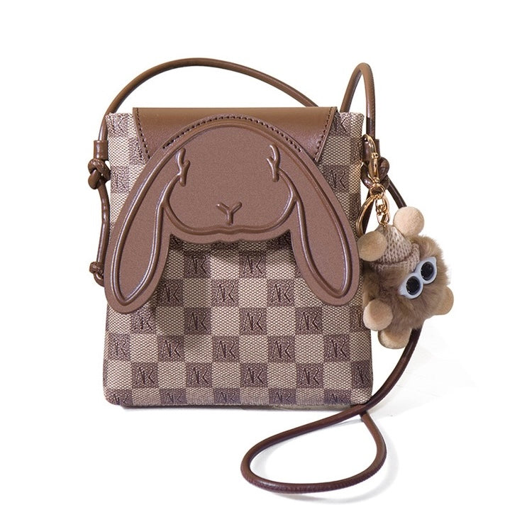 Plaid Cute Collision Rabbit Genuine Leather Mini Crossbody Phone Bag