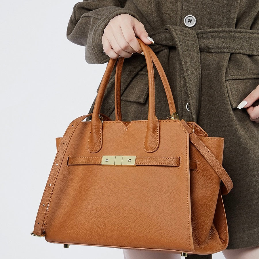 Classic Structured Leather Tote Bag with Gold Hardware