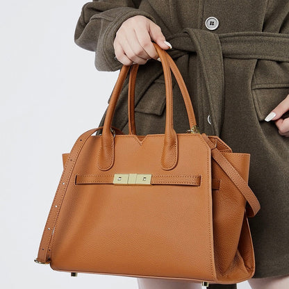 Classic Structured Leather Tote Bag with Gold Hardware