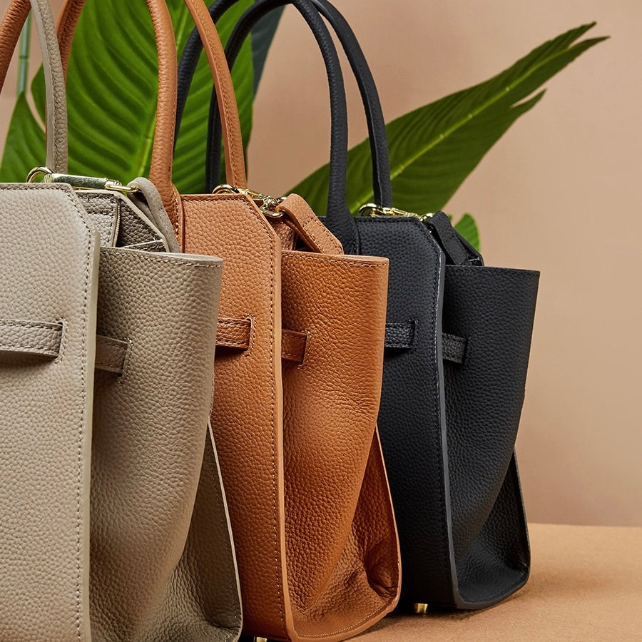 Classic Structured Leather Tote Bag with Gold Hardware