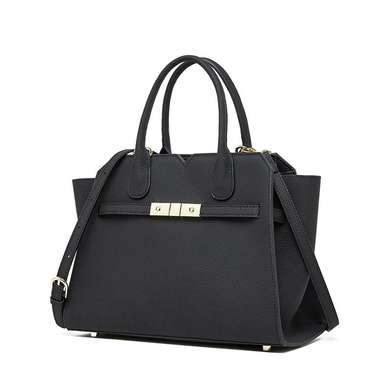 Classic Structured Leather Tote Bag with Gold Hardware