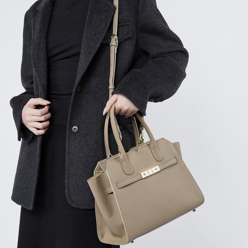 Classic Structured Leather Tote Bag with Gold Hardware