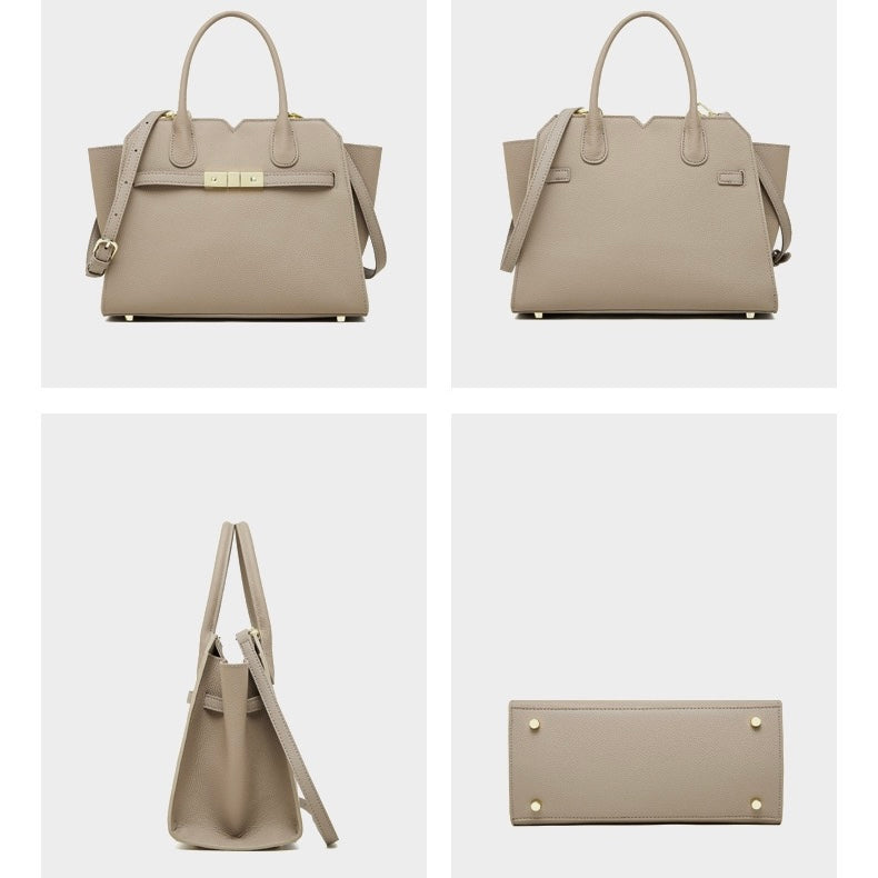 Classic Structured Leather Tote Bag with Gold Hardware