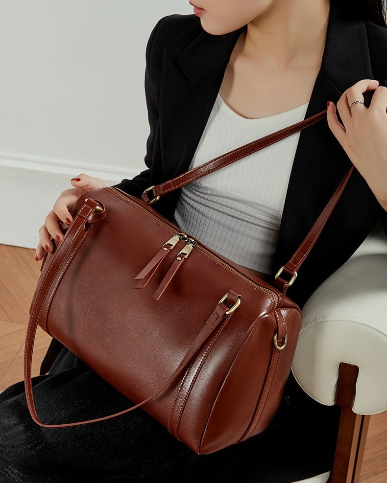 Women's Chestnut Barrel Leather Crossbody Satchel