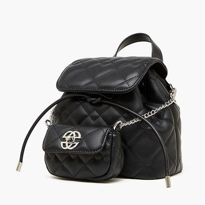 Chic Diamond-Quilted Genuine Leather Mini Backpack with Detachable Pouch