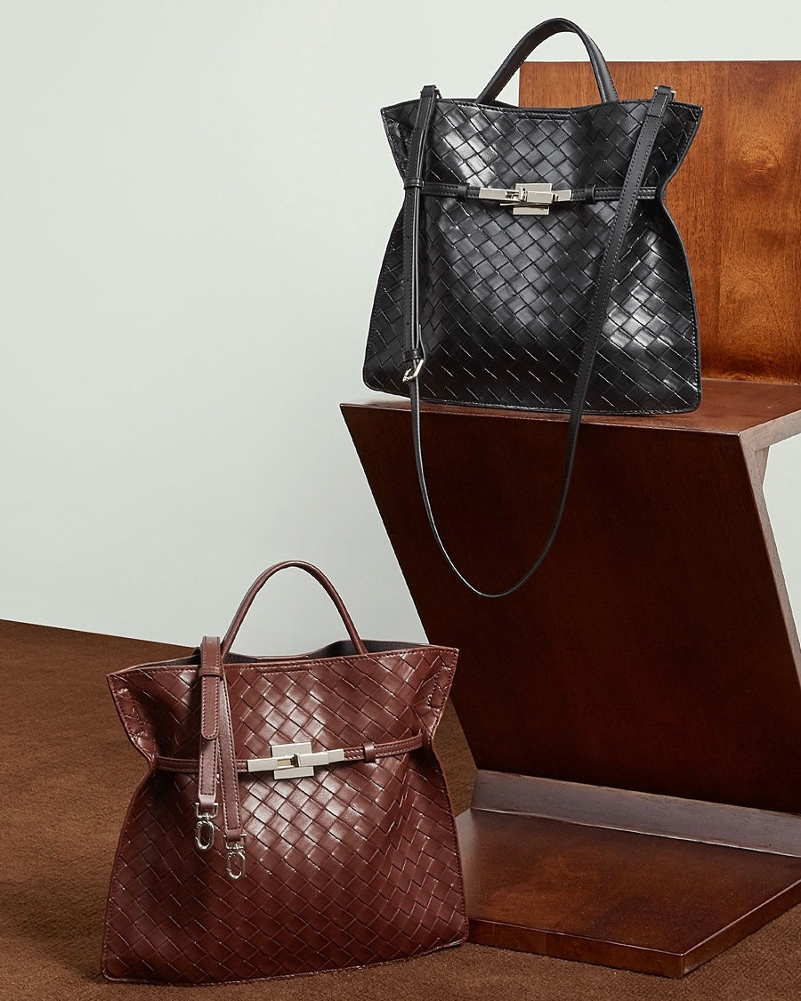Women's Noir Woven Leather Buckle Tote Bag