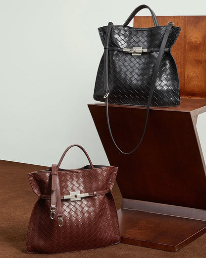 Women's Noir Woven Leather Buckle Tote Bag