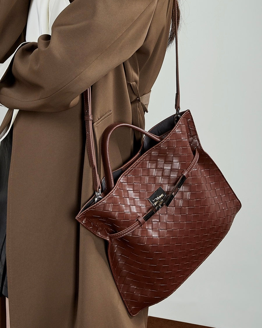 Women's Noir Woven Leather Buckle Tote Bag