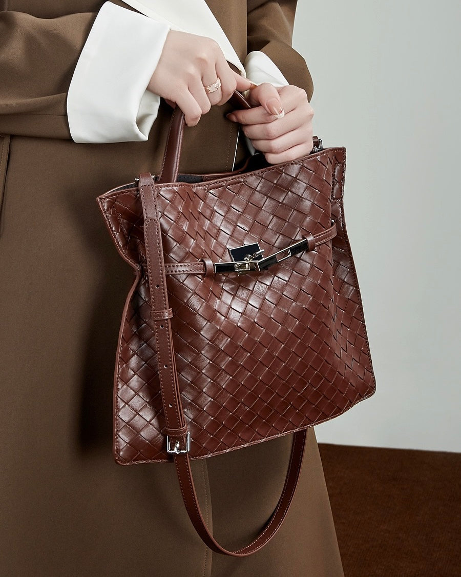 Women's Noir Woven Leather Buckle Tote Bag