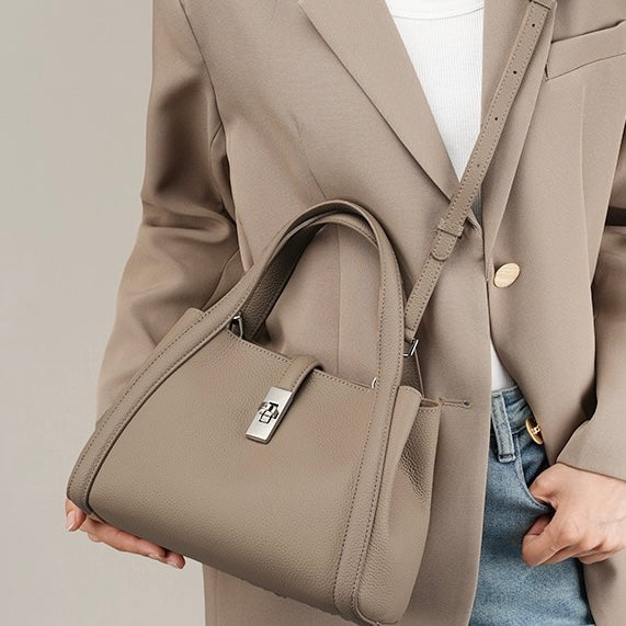 Women's Top-Grain Leather Handheld Crossbody Bag with Lock Closure