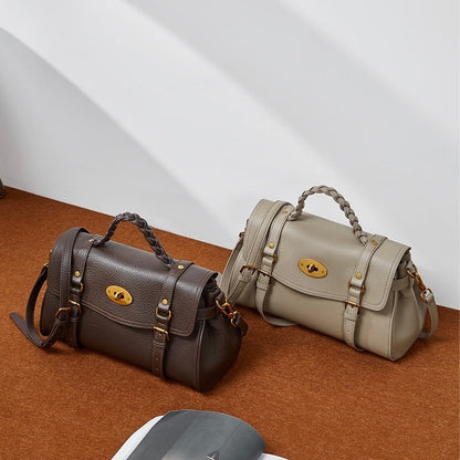 Classic Buckle-Detail Leather Satchel with Braided Handle